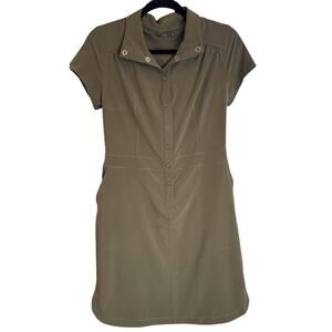 PrAna Women’s Green 1/2 Snap Button Up Utility Dress Short Sleeve Pockets Sz Sm